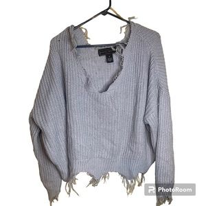 Baby Blue Frayed off the shoulder sweater